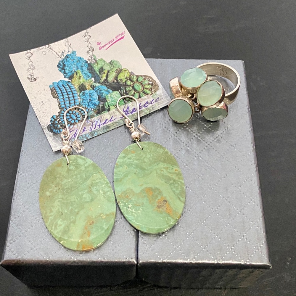 Oval Gemstone Drop Earrings & Round Gem Charm Ring